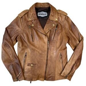 Derringer Lambskin Women's Full Zip Motorcycle Brown Leather Jacket (Sz L)
